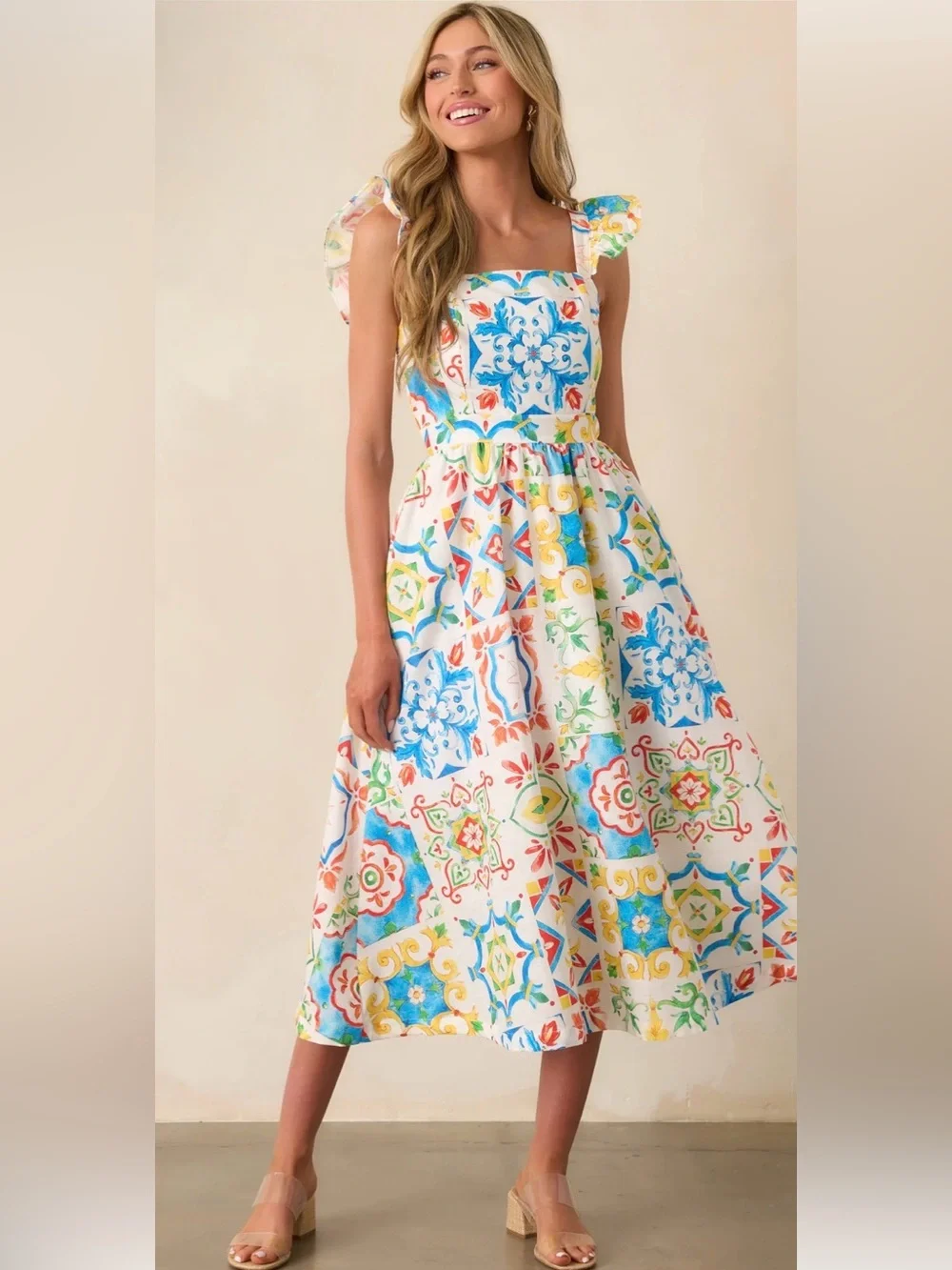 Floral Tile Print Midi Dress - White Multicolor